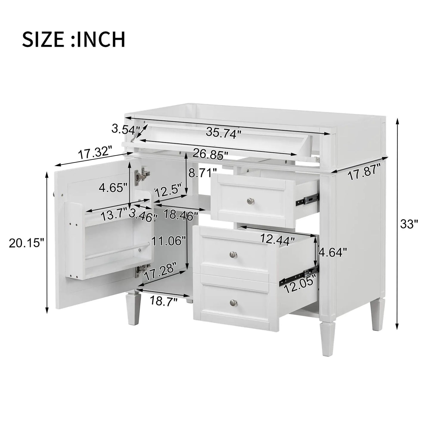 Bathroom vanity base with two drawers and a tip-out drawer in white finish, storage cabinet on Tampa Home & Garden Store