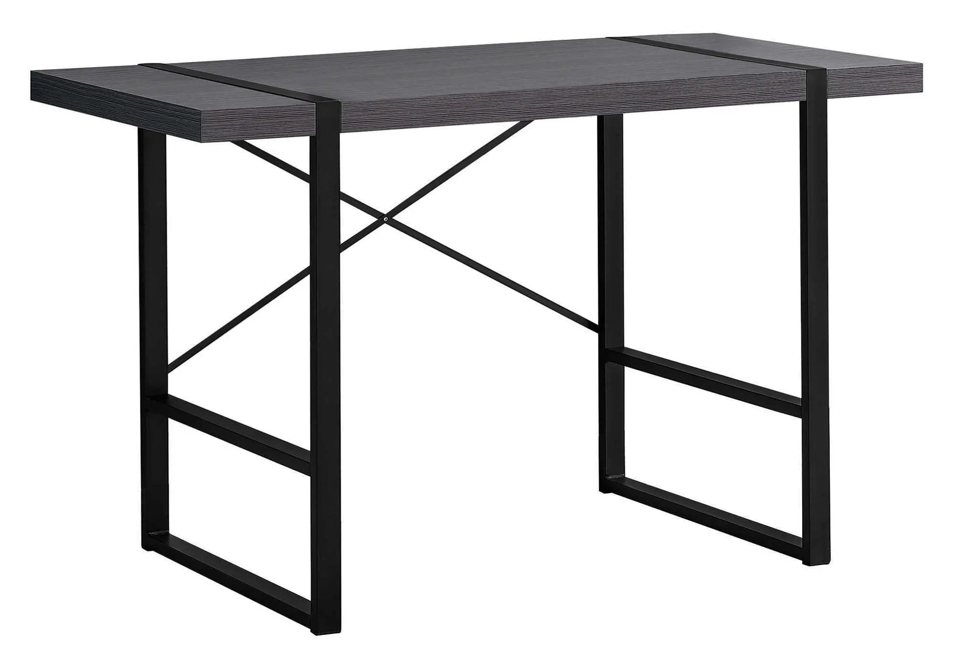Industrial design computer desk with dark woodgrain tabletop and black metal frame with X-brace on Tampa Home & Garden Store