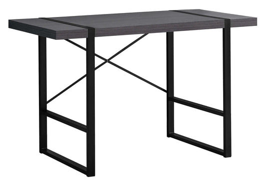 Industrial design computer desk with dark woodgrain tabletop and black metal frame with X-brace on Tampa Home & Garden Store