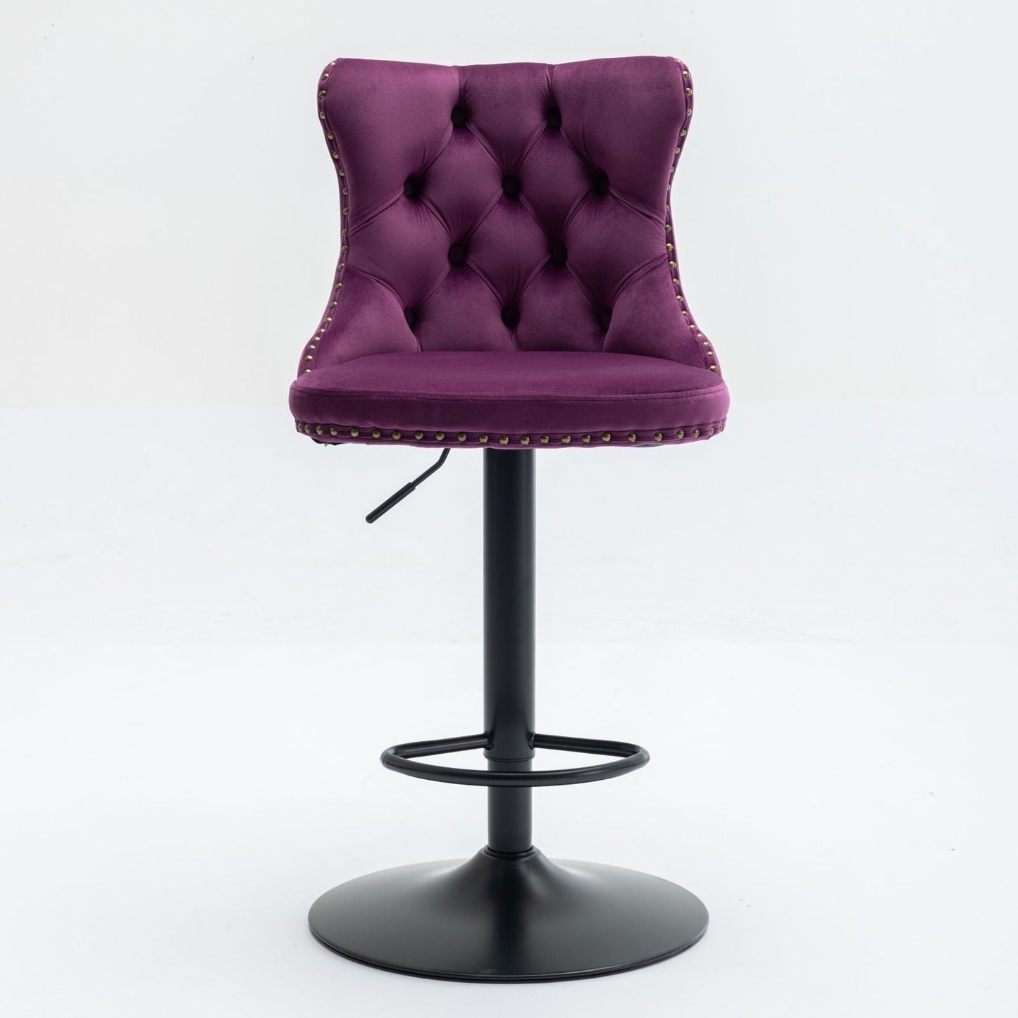 Purple velvet tufted swivel bar stool with back, nailhead trim, adjustable height lever on Tampa Home & Garden Store