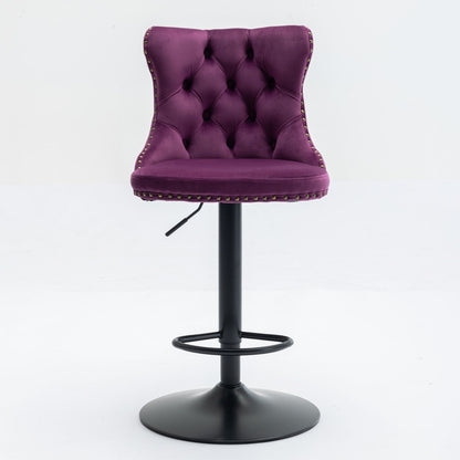 Purple velvet tufted swivel bar stool with back, nailhead trim, adjustable height lever on Tampa Home & Garden Store