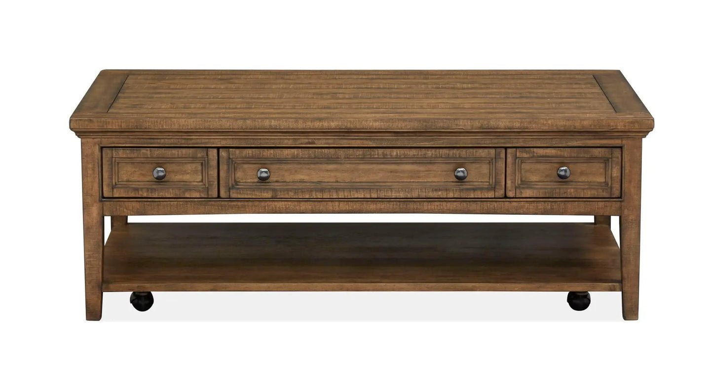 Bay Creek Rectangular Table in warm brown wood with 3 drawers and metal knobs Unique Piece on Tampa Home & Garden Store