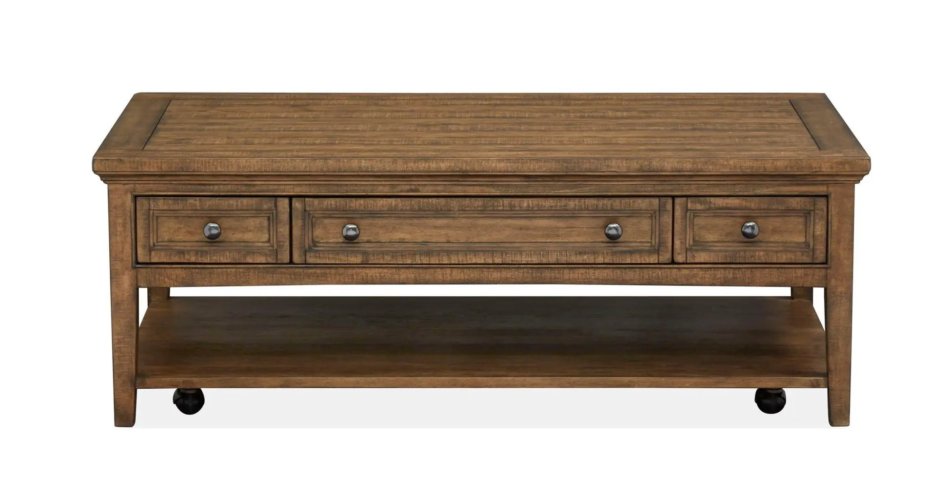 Bay Creek Rectangular Table in warm brown wood with 3 drawers and metal knobs Unique Piece on Tampa Home & Garden Store