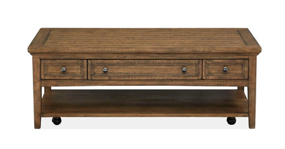Bay Creek Rectangular Table in warm brown wood with 3 drawers and metal knobs Unique Piece on Tampa Home & Garden Store