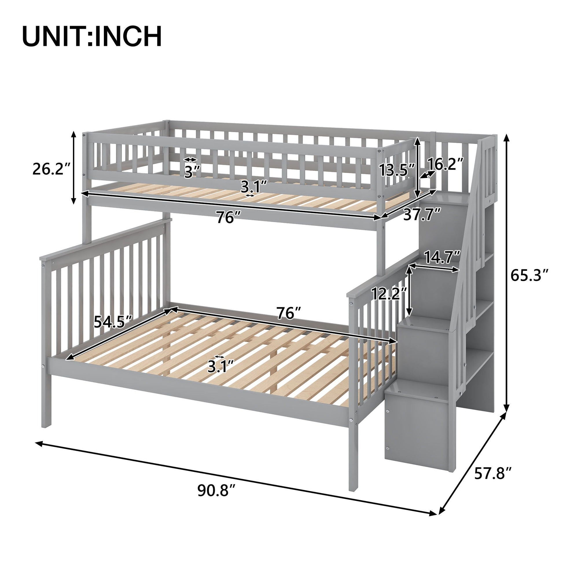 Bunk Bed With Staircase HouseOfZazla gray wood with slatted rails on Tampa Home and Garden Store