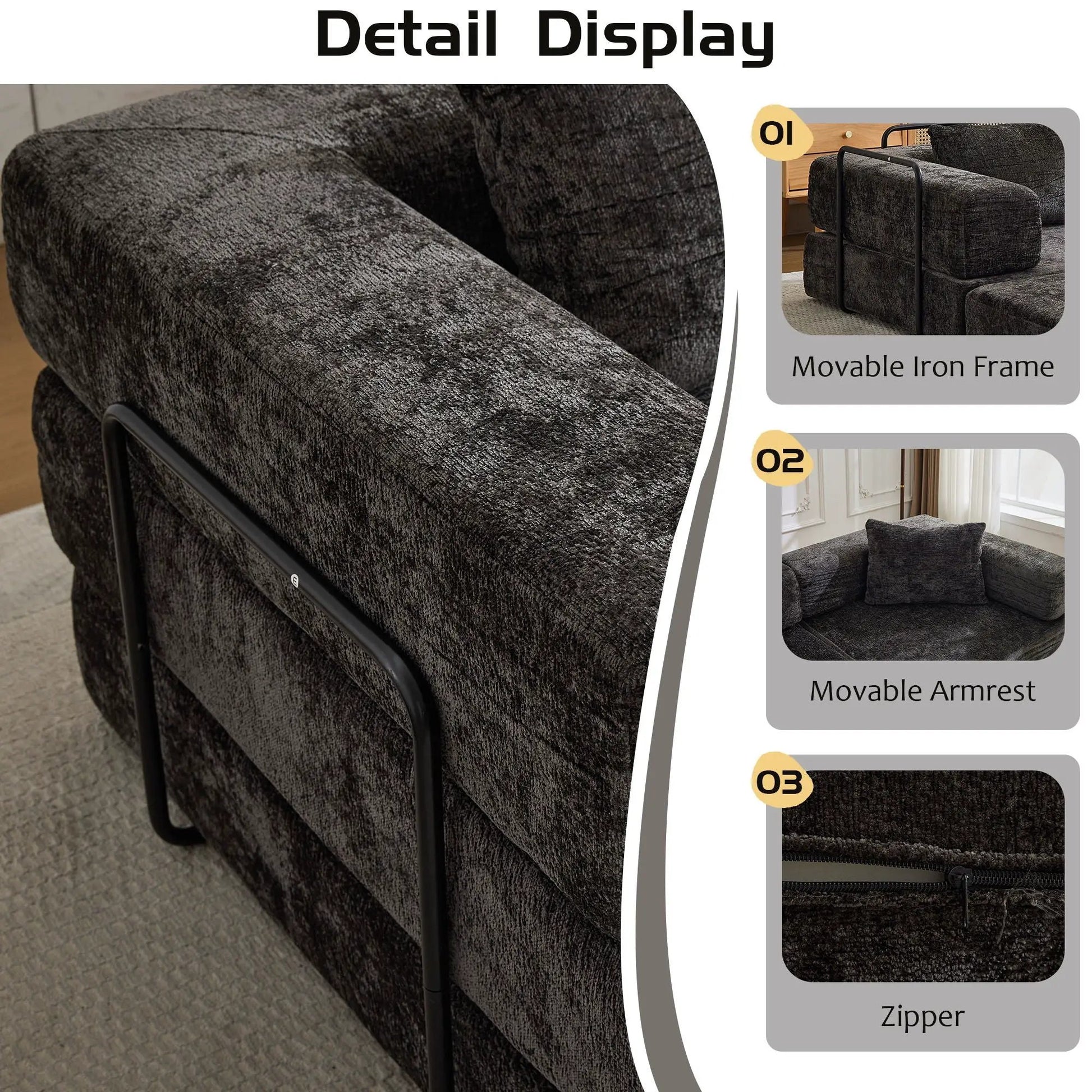 Convertible floor sofa bed futon by Unique Piece in charcoal grey fabric with iron frame on Tampa Home & Garden Store