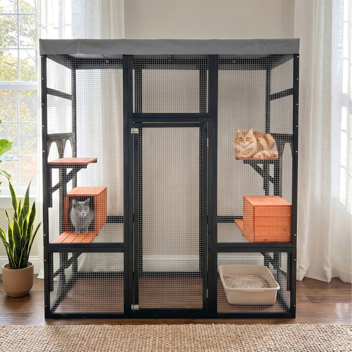 62.6in solid wood pet enclosure with black frame, wire mesh, and gray canopy; cat inside on Tampa Home & Garden Store