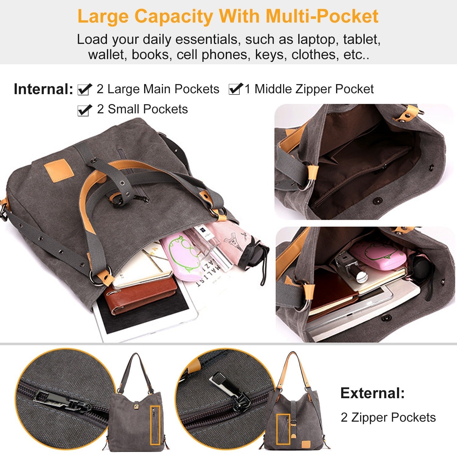 Ladies canvas tote bag gray with tan leather accents, multi-pocket handbag by GemGear on Tampa Home & Garden Store