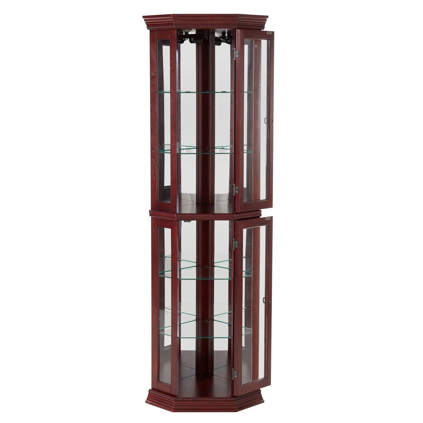Corner curio cabinet with lights, mahogany, adjustable tempered glass shelves, mirrored back on Tampa Home & Garden Store