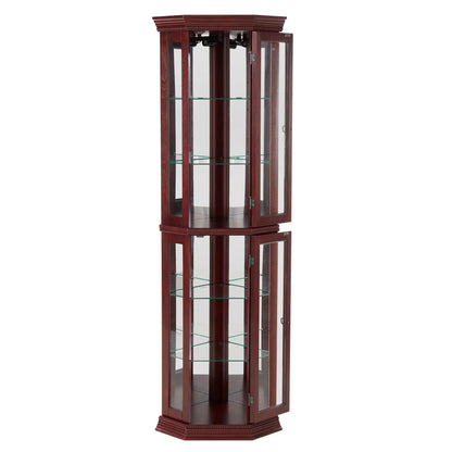 Corner curio cabinet with lights, mahogany, adjustable tempered glass shelves, mirrored back on Tampa Home & Garden Store