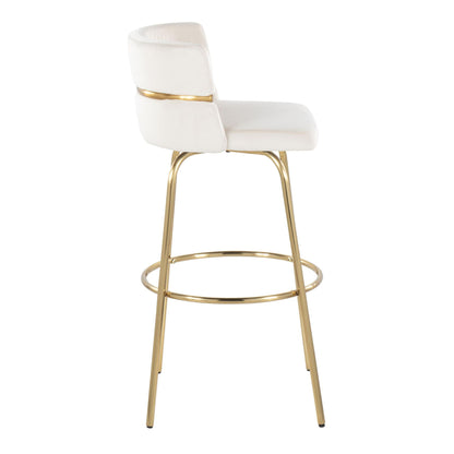 Glam Art Deco fixed-height barstool beige upholstery with gold metal frame and footrest on Tampa Home & Garden Store