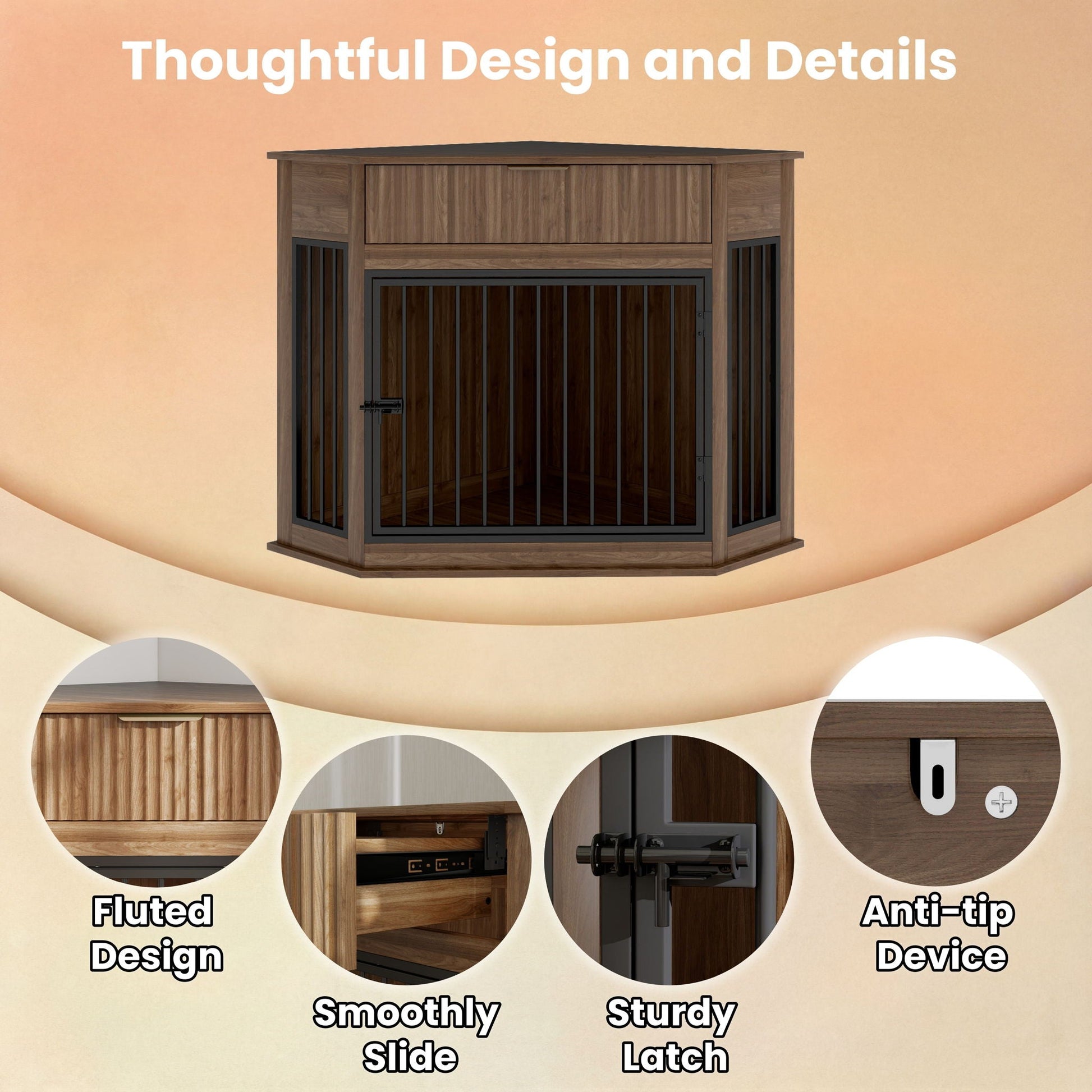 Corner Dog Crate by HouseOfZazla in wood finish with black metal bars on Tampa Home & Garden Store