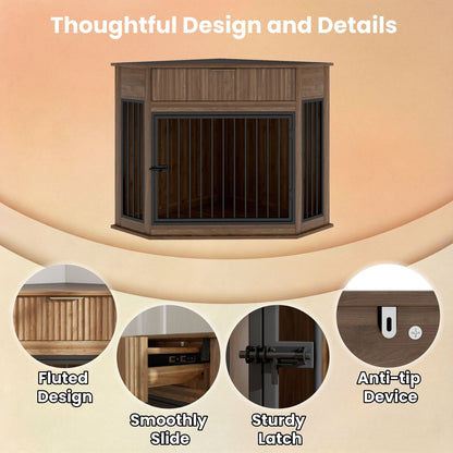 Corner Dog Crate by HouseOfZazla in wood finish with black metal bars on Tampa Home & Garden Store