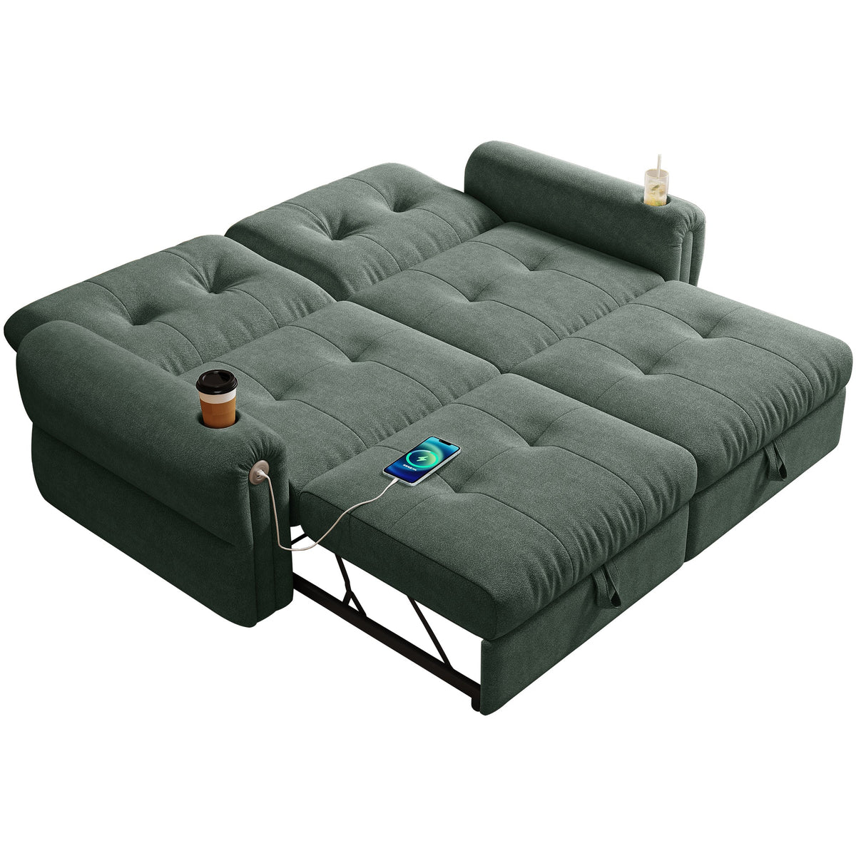 Chenille Convertible Sofa Bed by HouseOfZazla in teal with tufted cushions on Tampa Home & Garden Store