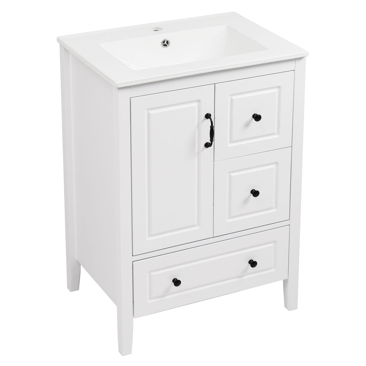 Retro white vanity with ceramic sink, paneled doors and black hardware on Tampa Home & Garden Store