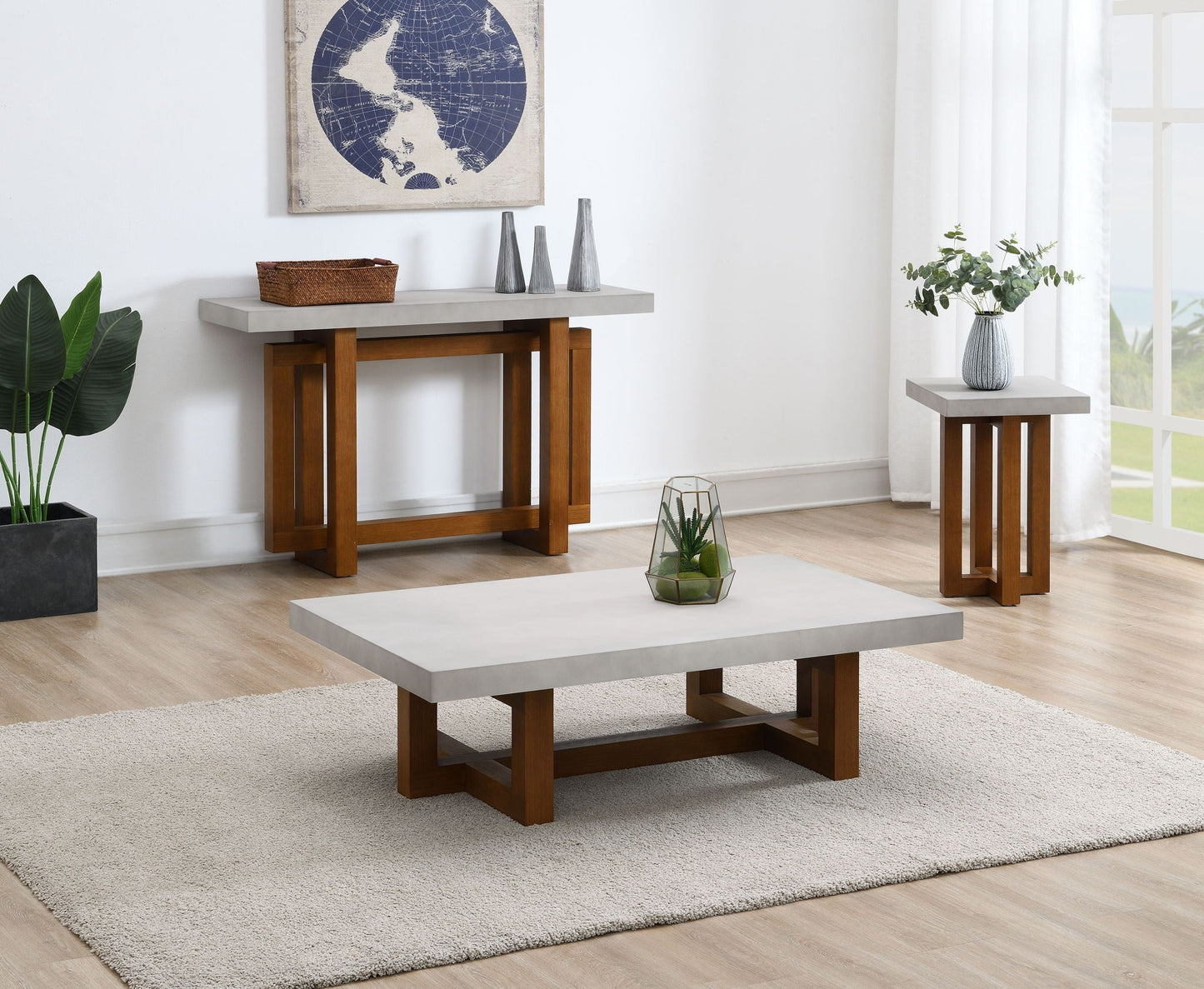 Keven faux concrete top coffee tables set of 3 with wood bases on Tampa Home & Garden Store