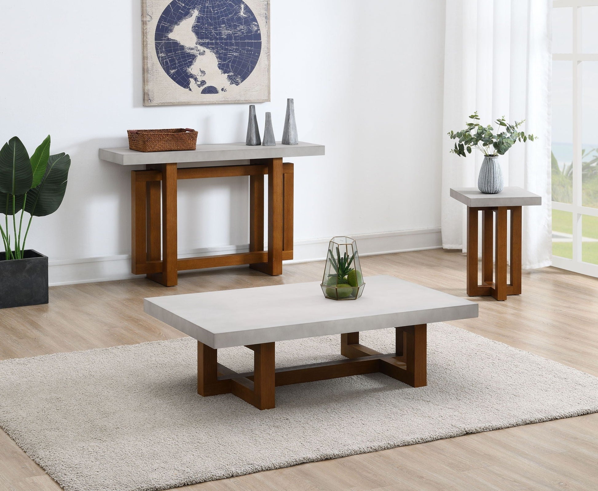 Keven faux concrete top coffee tables set of 3 with wood bases on Tampa Home & Garden Store