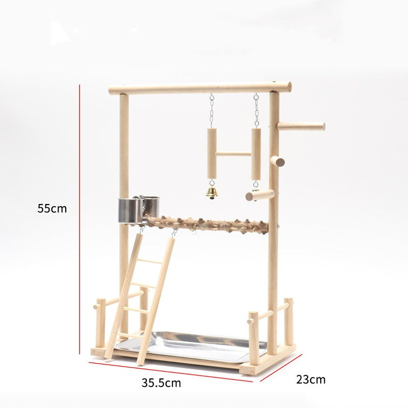 Bird playground stand in natural wood with ladder, rope bridge, bells on Tampa Home & Garden Store