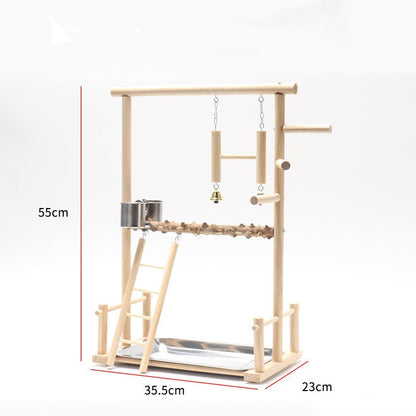 Bird playground stand in natural wood with ladder, rope bridge, bells on Tampa Home & Garden Store
