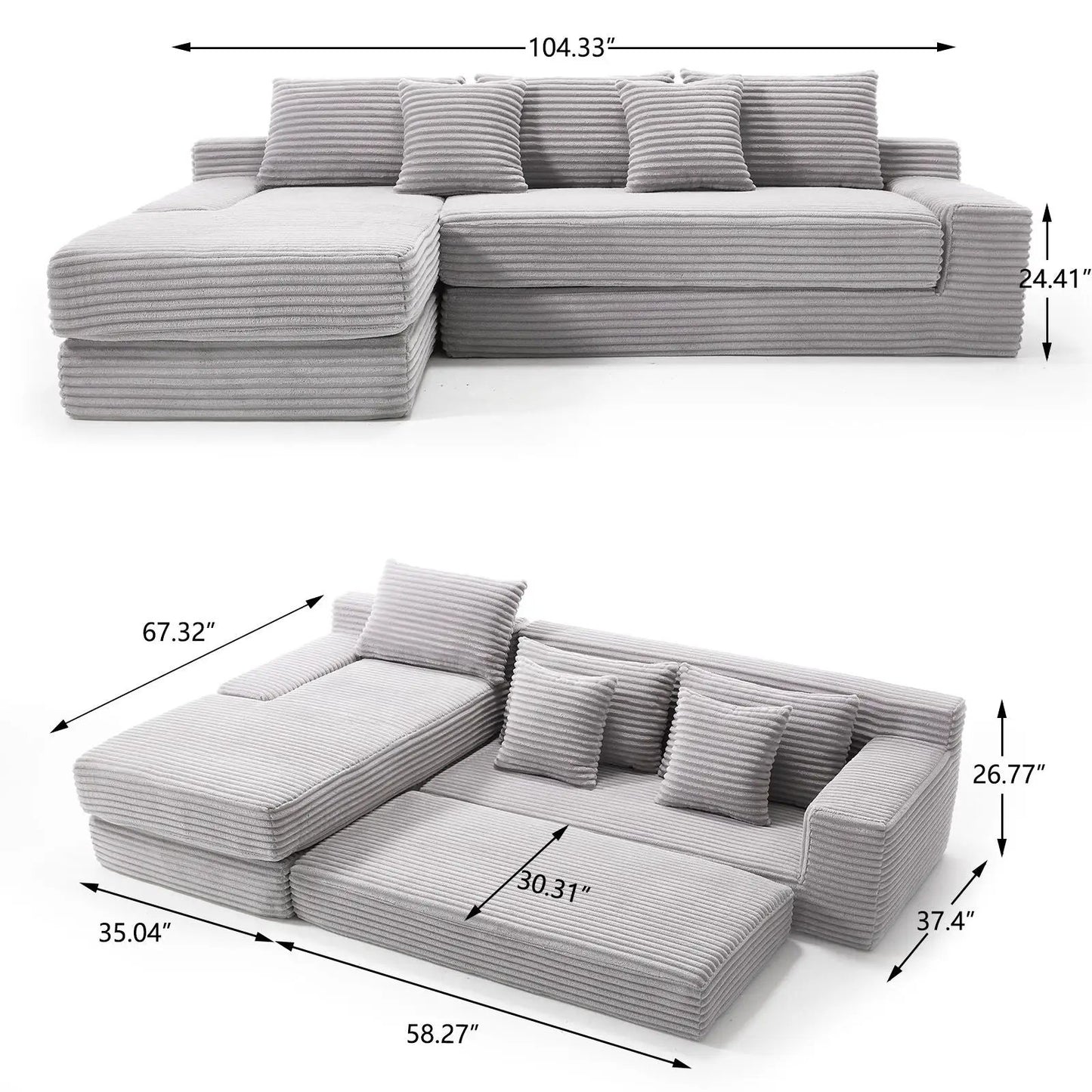Modern L-shaped sectional couch with memory foam, gray corduroy, left chaise Unique Piece Furniture on Tampa Home & Garden Store