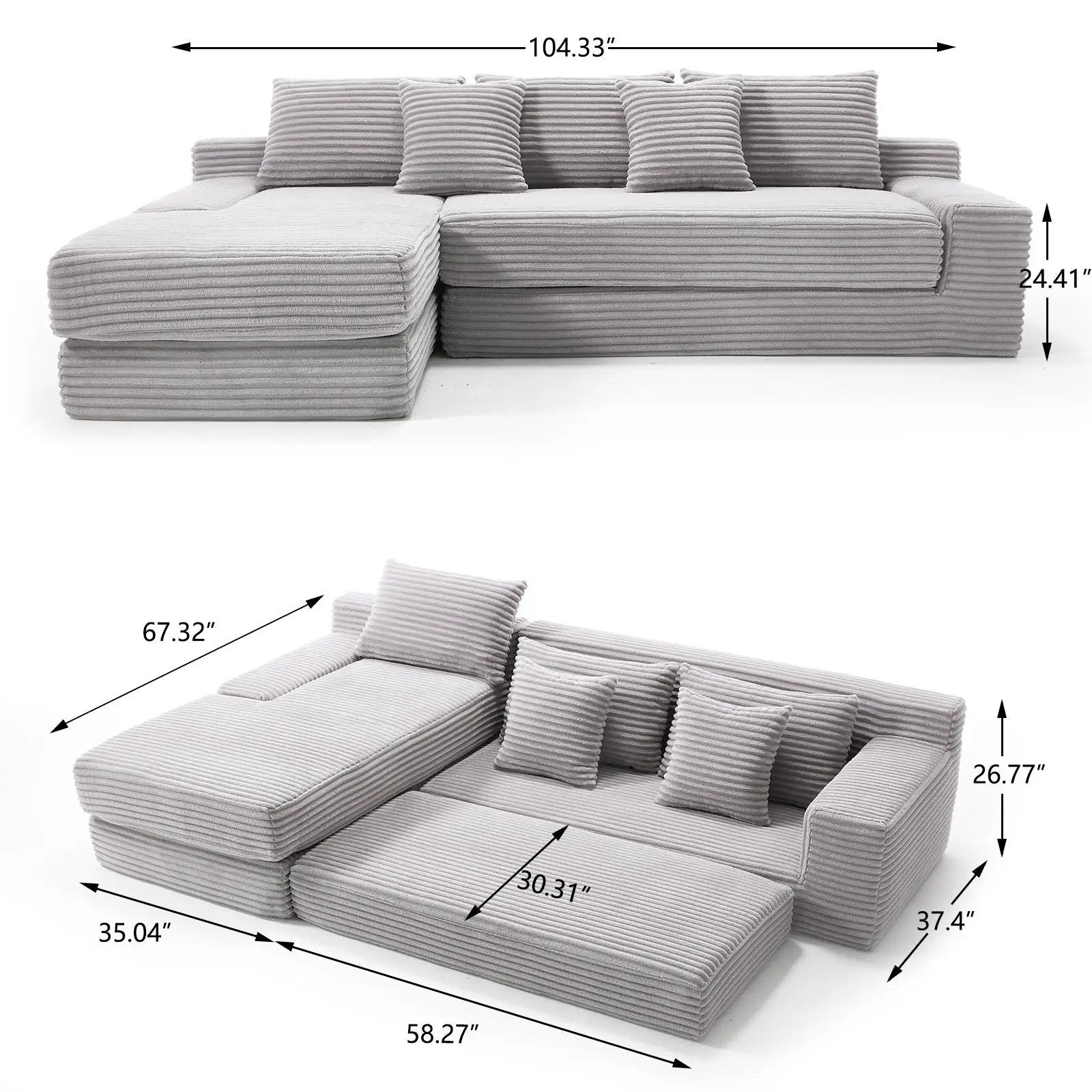 Modern L-shaped sectional couch with memory foam, gray corduroy, left chaise Unique Piece Furniture on Tampa Home & Garden Store