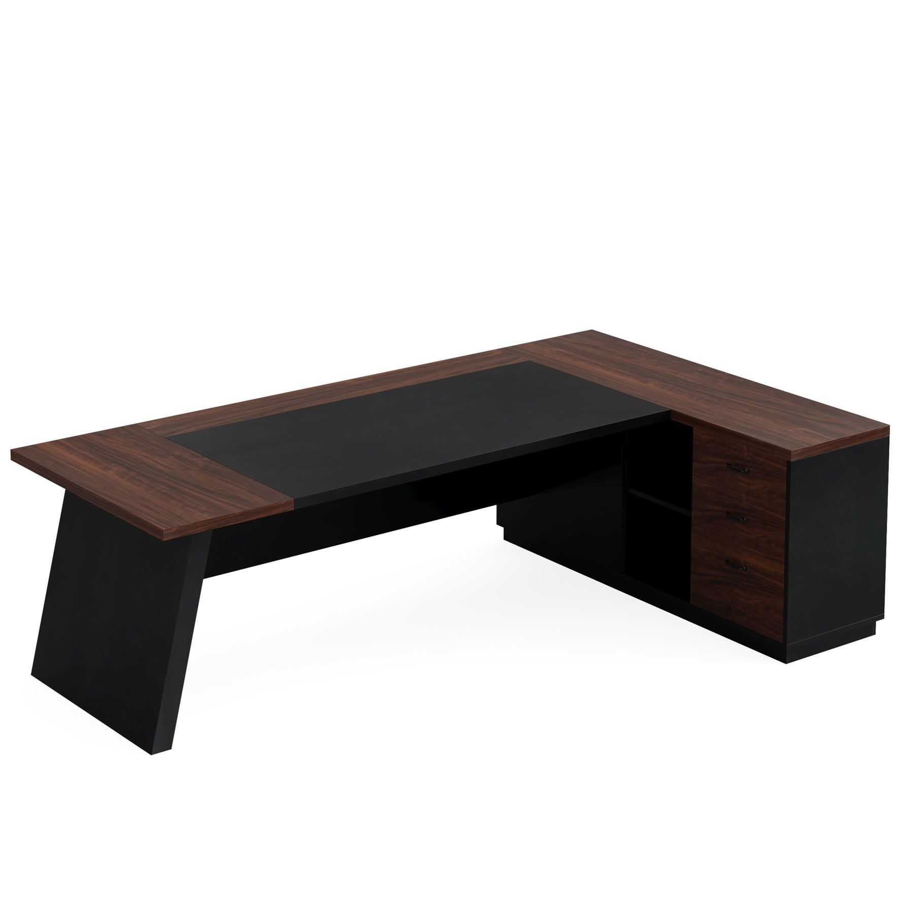 L-shaped executive desk by HouseOfZazla in dark wood veneer with black base and file cabinet on Tampa Home & Garden Store