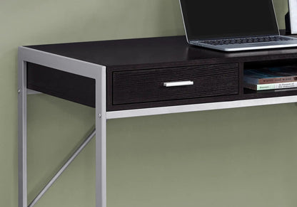 Computer desk with dark wood top, silver metal frame, single front drawer and open shelf on Tampa Home & Garden Store