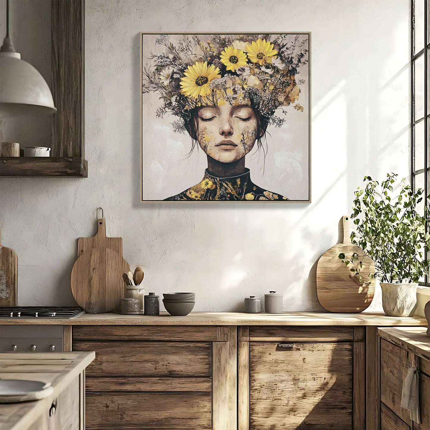 Canvas art Beauty Posters Beauty Lady Wall Art with yellow flower crown, framed portrait on Tampa Home & Garden Store