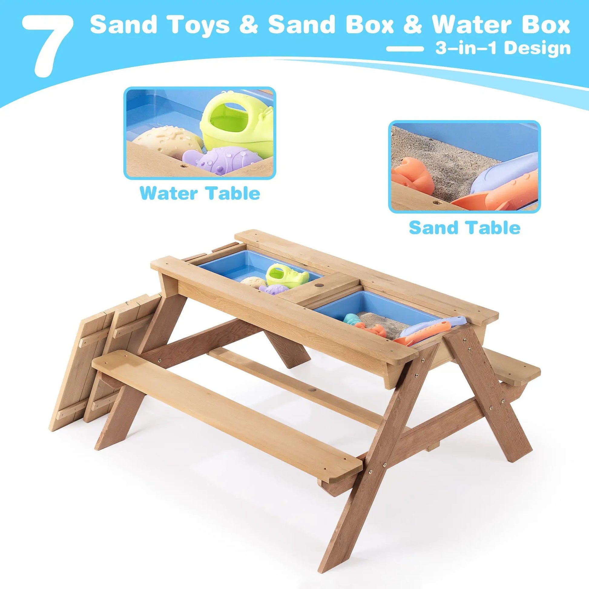 3-in-1 kids outdoor wooden picnic table with sand & water trays, natural wood with blue bins on Tampa Home & Garden Store