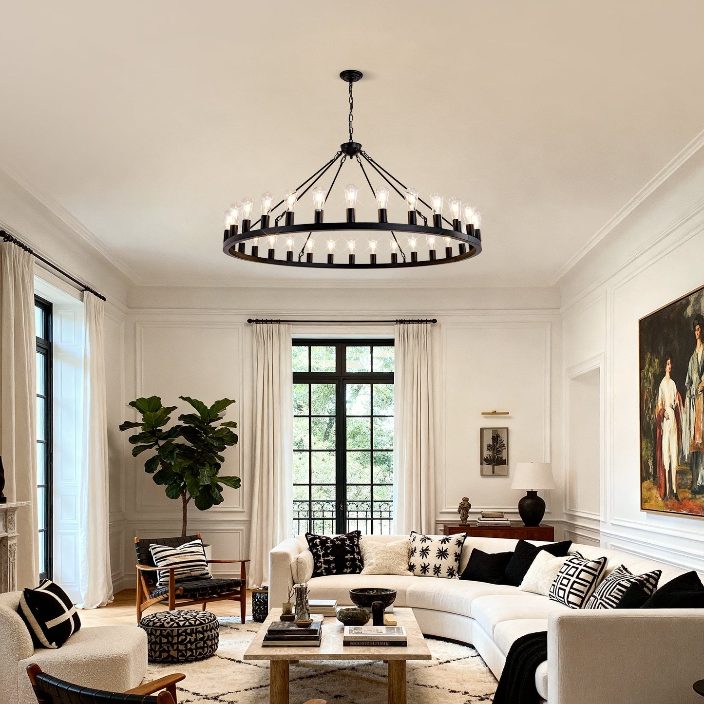 64 Inch Matte Black Wagon Wheel Chandelier with 30 Lights by HouseOfZazla in living room on Tampa Home & Garden Store