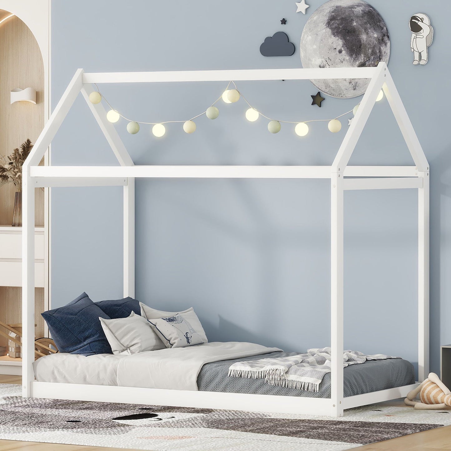 Wooden house-shaped platform bed by HouseOfZazla in white with cozy bedding on Tampa Home & Garden Store