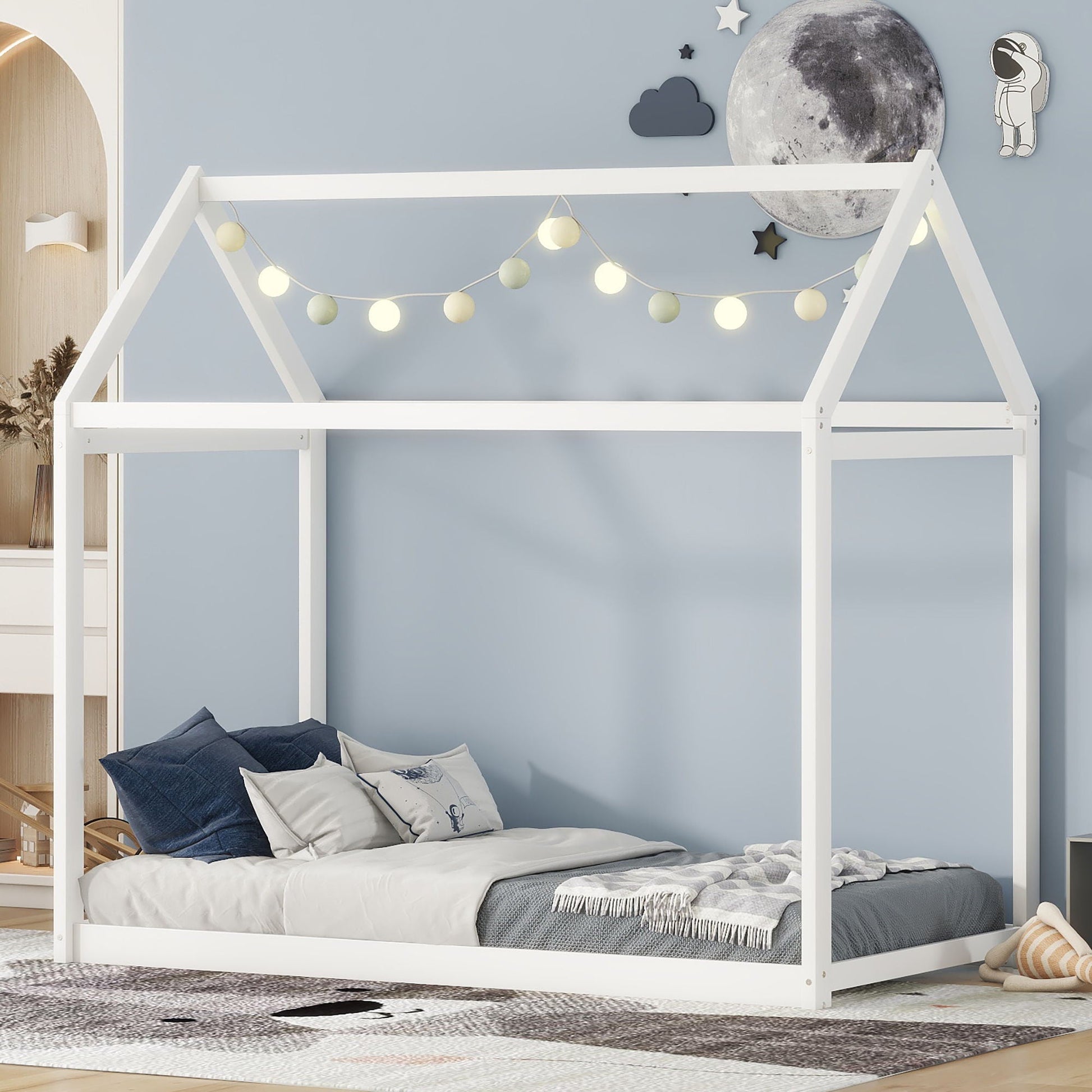 Wooden house-shaped platform bed by HouseOfZazla in white with cozy bedding on Tampa Home & Garden Store