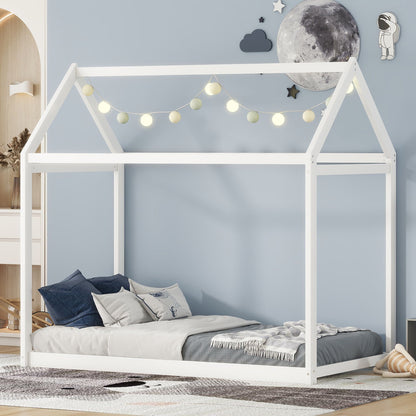 Wooden house-shaped platform bed by HouseOfZazla in white with cozy bedding on Tampa Home & Garden Store