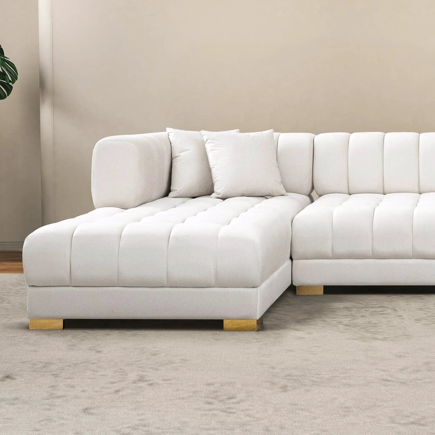 Marlow U Shape Corner Sofa white fabric upholstery with gold legs stationary sectional on Tampa Home & Garden Store