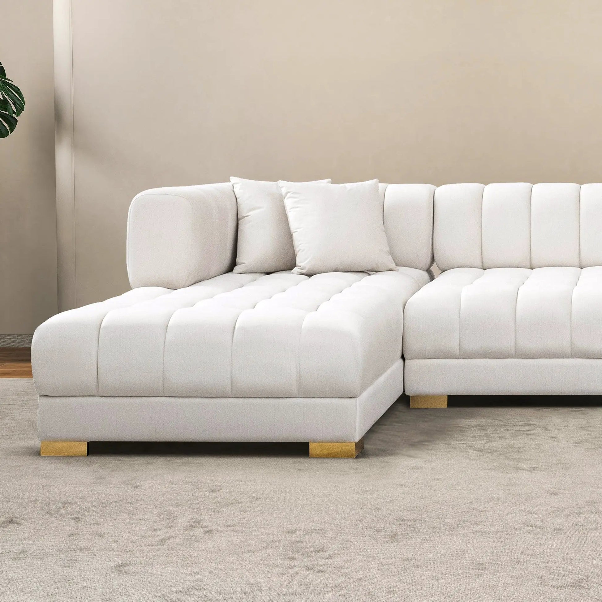Marlow U Shape Corner Sofa white fabric upholstery with gold legs stationary sectional on Tampa Home & Garden Store