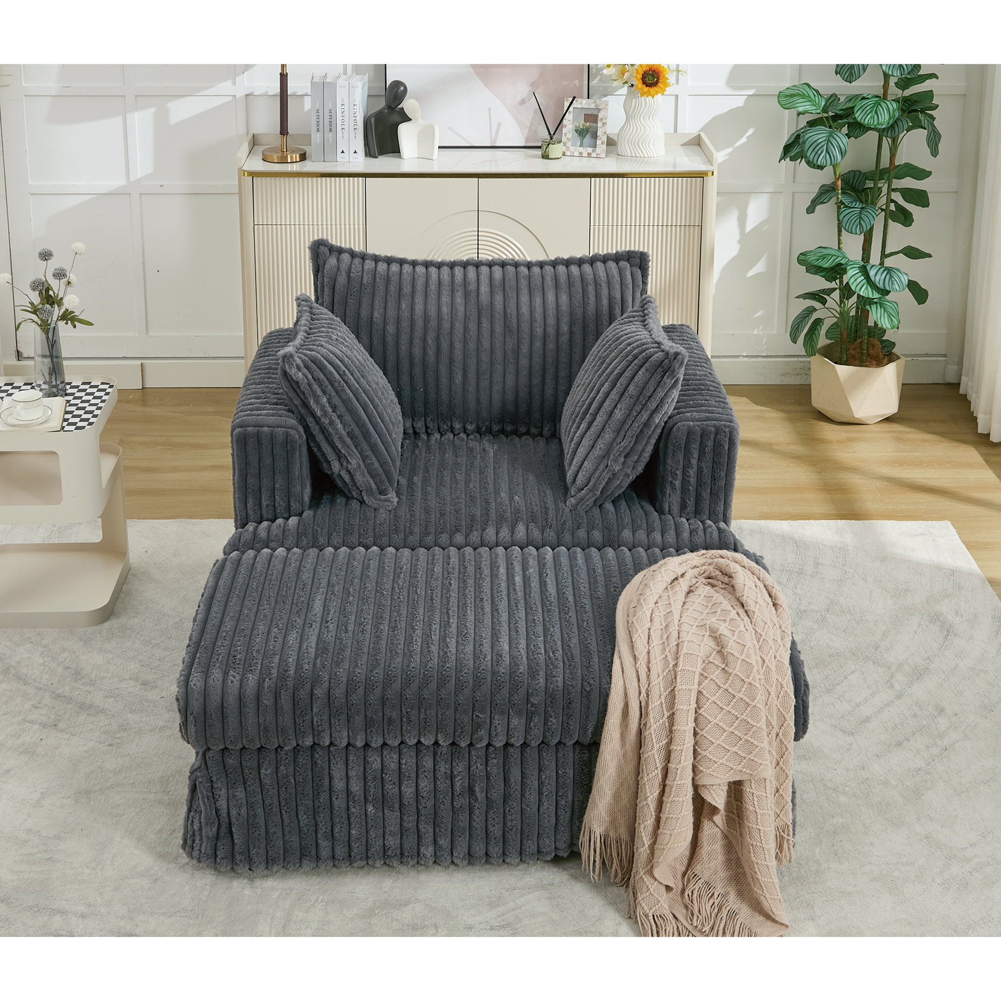 Oversized Corduroy Chaise Lounge with Ottoman in Dark Gray, 2-piece set on Tampa Home & Garden Store