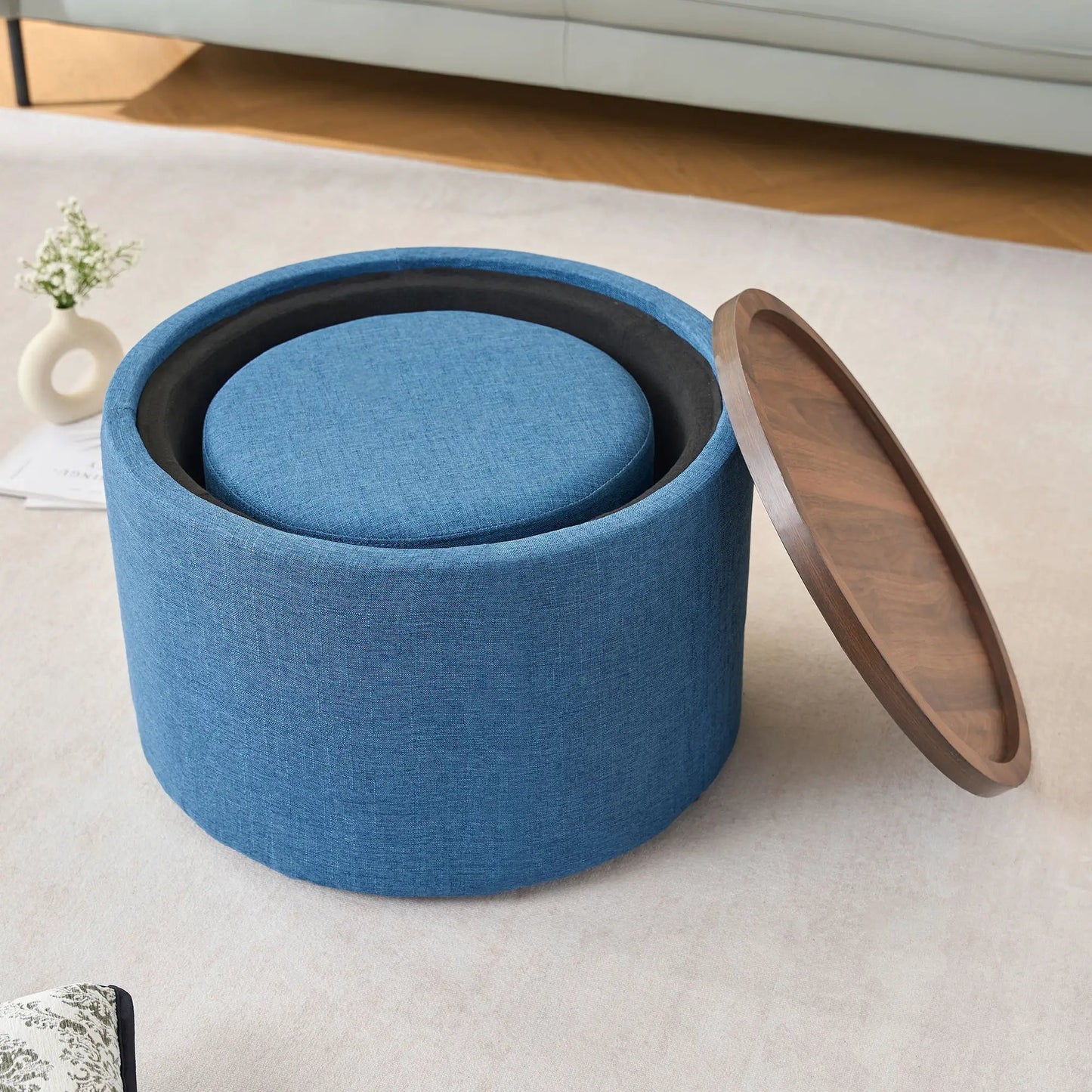 Nesting ottomans blue fabric with wood tray, set of 2 by Unique Piece Furniture on Tampa Home & Garden Store