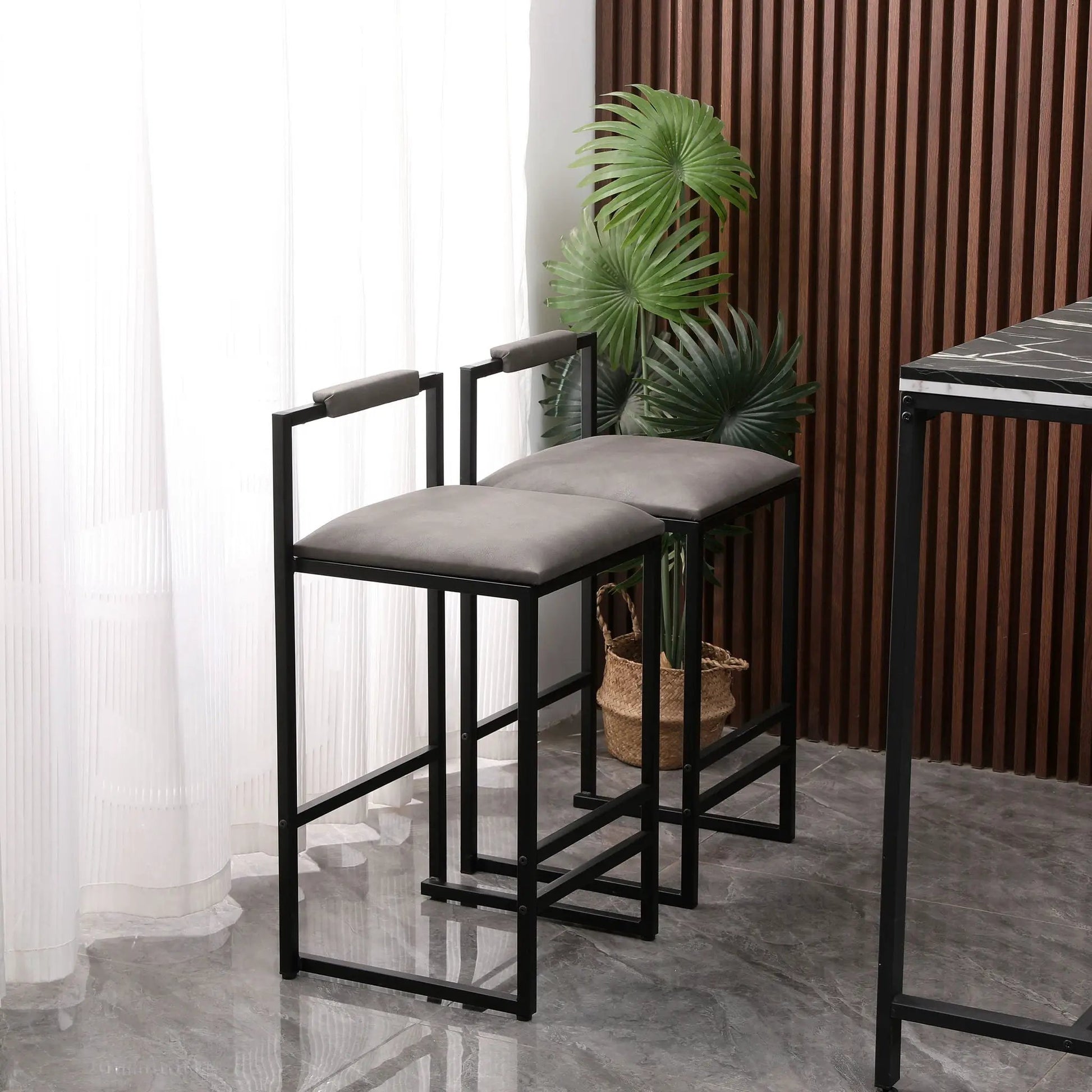 Bar stools counter-height with backrest and footrest, black frames and gray cushions, set of 2 on Tampa Home & Garden Store