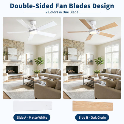 Reversible ceiling fan with integrated LED dimmable light matte white/oak blades by HouseOfZazla on Tampa Home & Garden Store