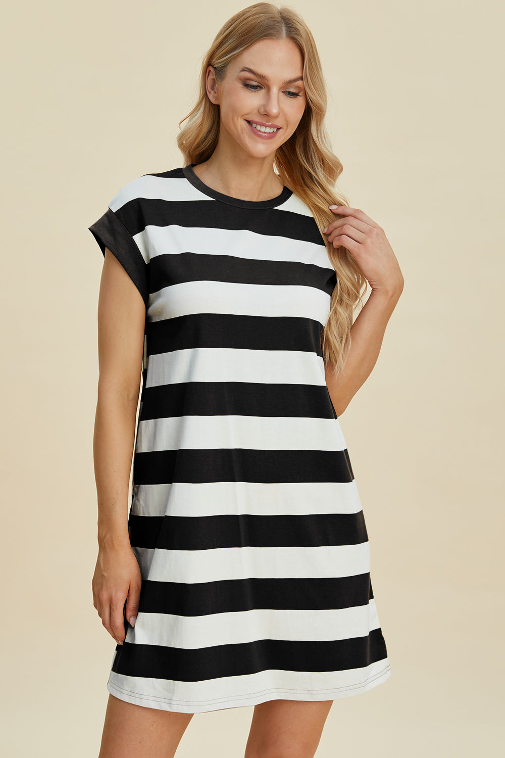 Stevvex striped cap-sleeve mini dress in black and white knee-length casual chic on Tampa Home & Garden Store