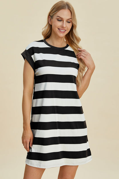 Stevvex striped cap-sleeve mini dress in black and white knee-length casual chic on Tampa Home & Garden Store