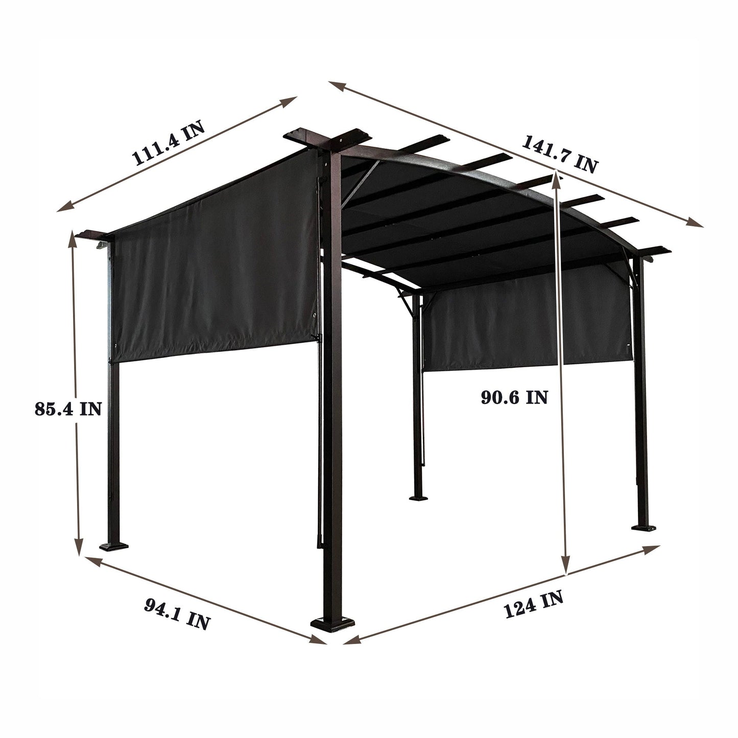 Outdoor Patio Pergola Gazebo with black steel frame sun shelter and retractable canopy on Tampa Home & Garden Store