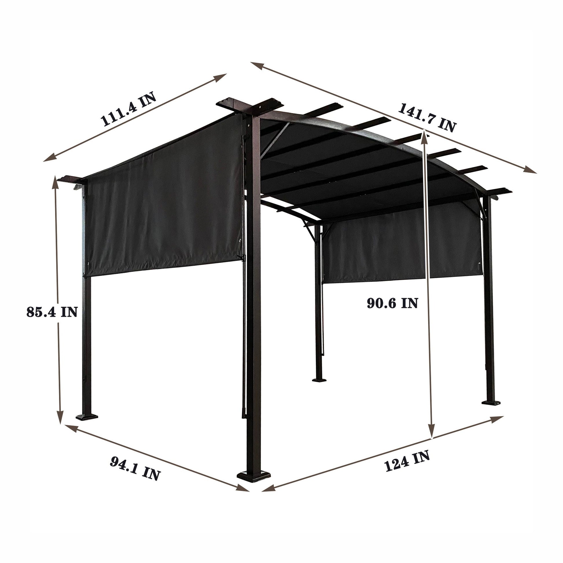 Outdoor Patio Pergola Gazebo with black steel frame sun shelter and retractable canopy on Tampa Home & Garden Store