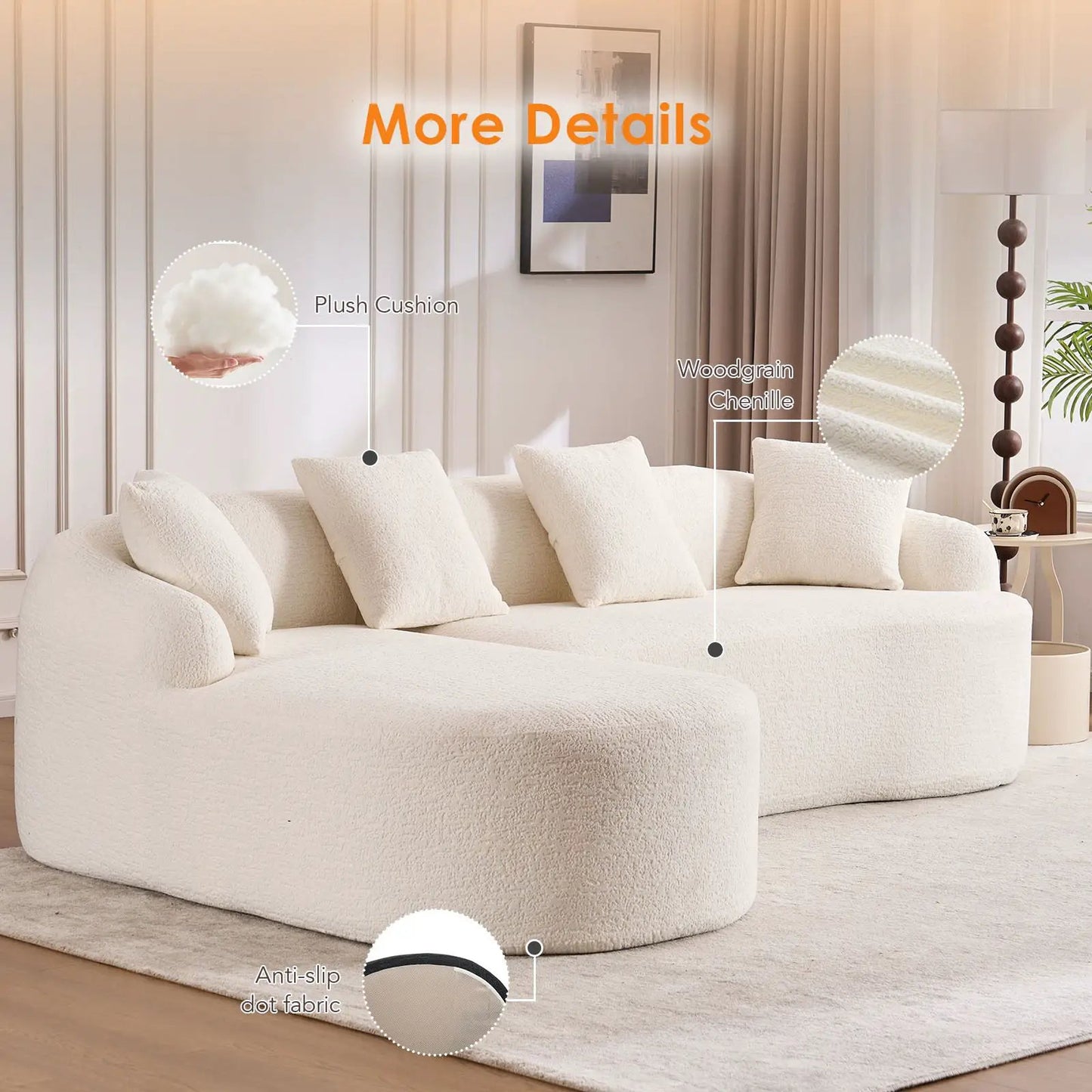 Combined sofa with 4 pillows in plush boucle fabric, sectional by Unique Piece Furniture on Tampa Home & Garden Store