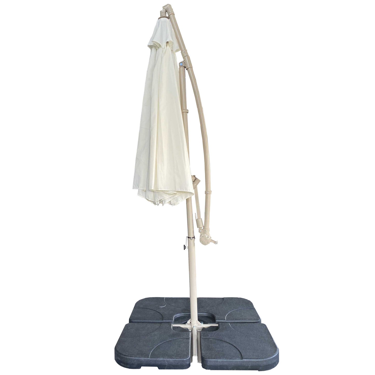 10ft offset patio umbrella beige frame by HouseOfZazla with folded canopy, 4pc base shown on Tampa Home & Garden Store