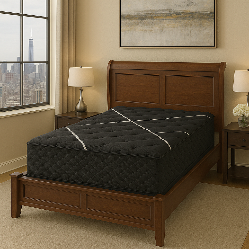 Restonic ComfortCare Hybrid Heartland Plush Mattress Full on dark wood bed on Tampa Home & Garden Store