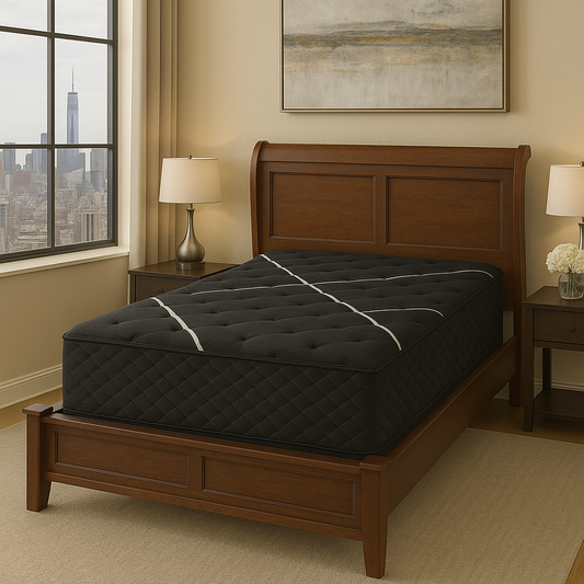 Restonic ComfortCare Hybrid Heartland Plush Mattress Full on dark wood bed on Tampa Home & Garden Store