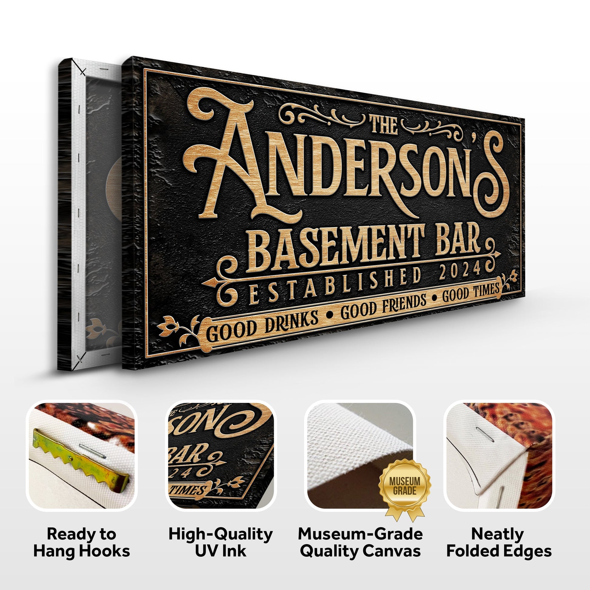 Custom Basement Bar Sign III in black textured with gold lettering Tailored Canvases on Tampa Home & Garden Store