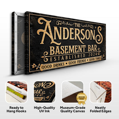 Custom Basement Bar Sign III in black textured with gold lettering Tailored Canvases on Tampa Home & Garden Store