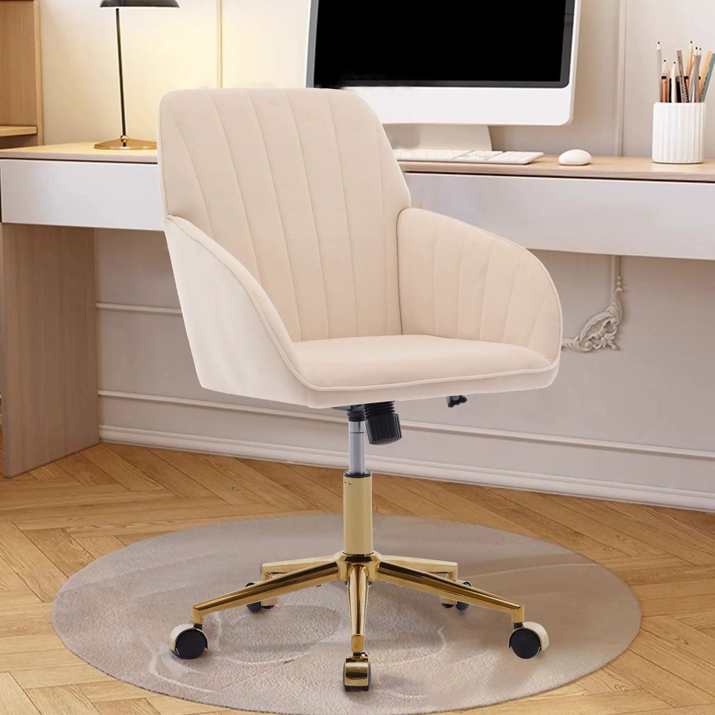 Adjustable Ergonomic Swivel Office Chair, beige upholstery with gold-tone base on Tampa Home & Garden Store